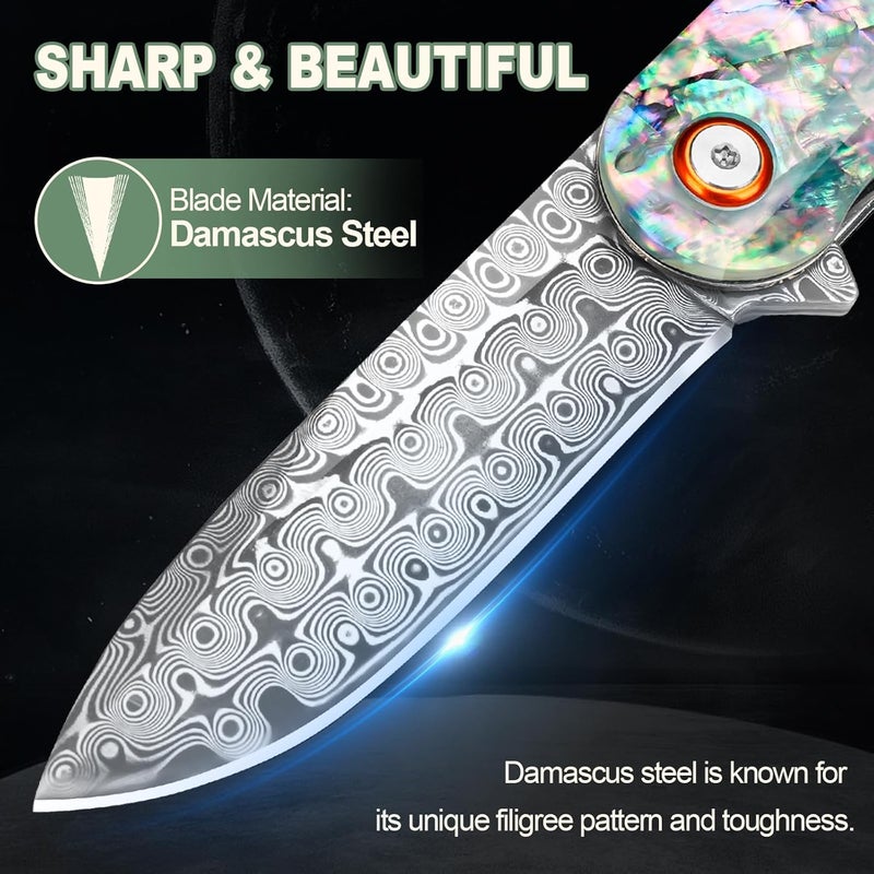 Zingbee Damascus Pocket Knife with Sheath 2.95" Damascus Steel Blade Folding Knife with Abalone Shell Handle EDC Pocket Knives for Men Women Outdoor Indoor Camping - Image 3